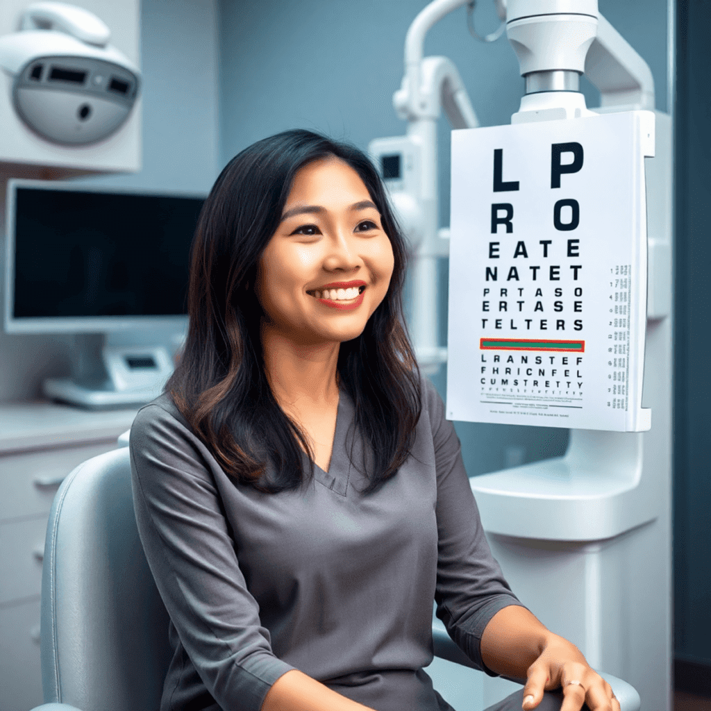 A calm and confident person sits in a medical office, smiling while looking at an eye chart. The setting conveys professionalism and comfort with s...