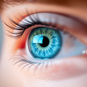 Close-up of a bright blue eye with a soft blurred background, symbolizing clarity and innovation in eye care, enhanced by light reflections.